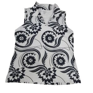 IZOD Golf Sleeveless Polo Shirt White Black‎ Floral Print Womens